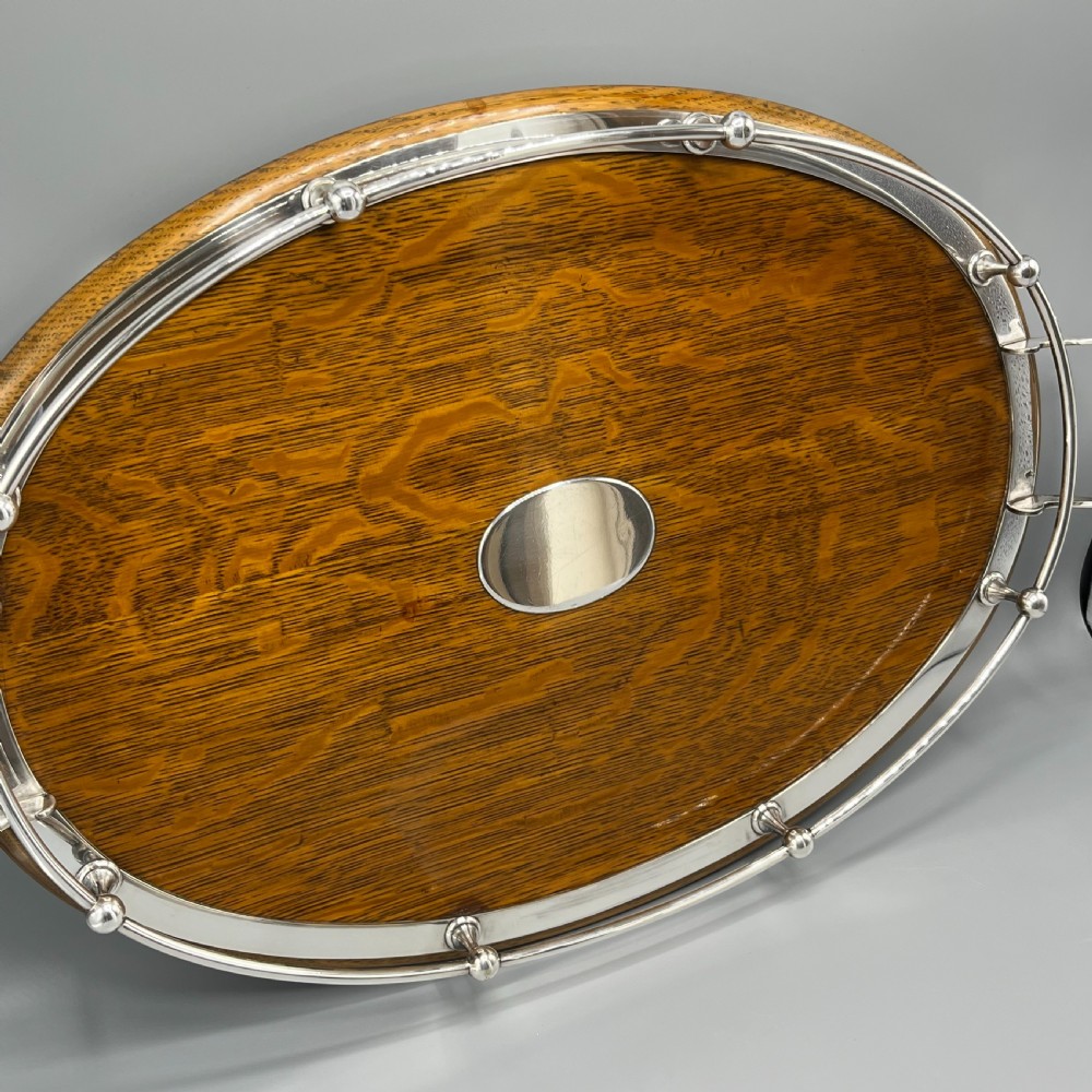 Large Edwardian English Oak & Silver Plated Oval Gallery Tray View XVI