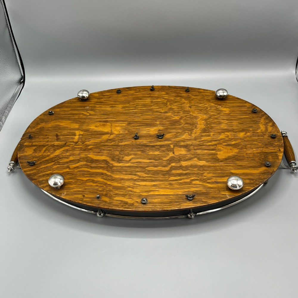 Large Edwardian English Oak & Silver Plated Oval Gallery Tray View XVIII