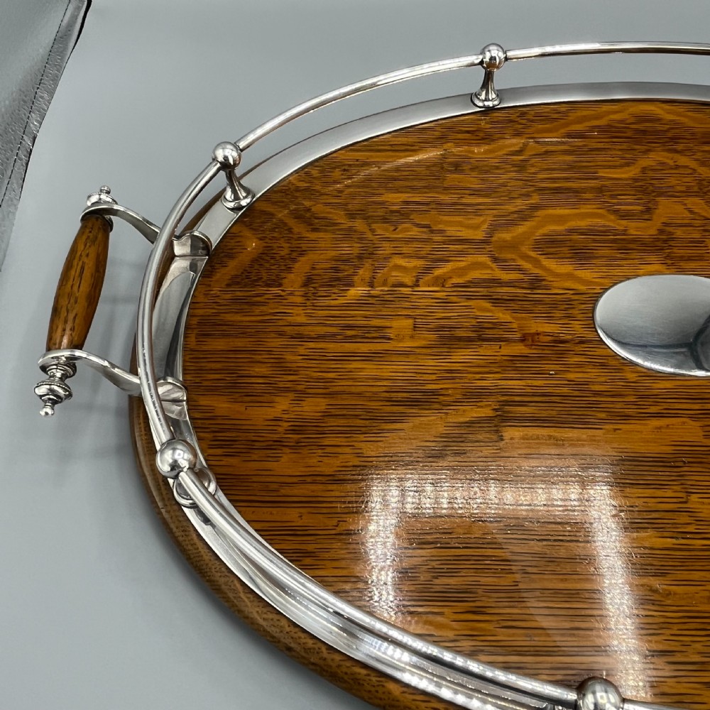 Large Edwardian English Oak & Silver Plated Oval Gallery Tray View XIX