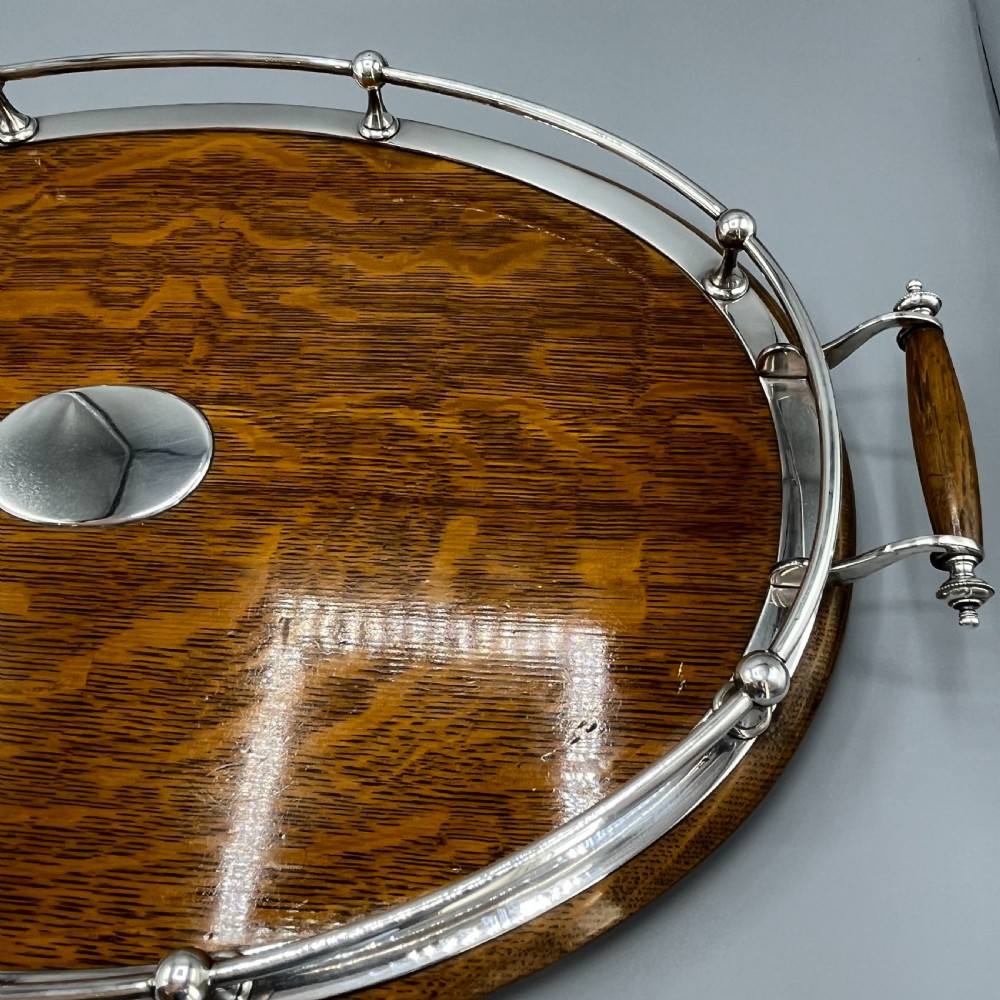 Large Edwardian English Oak & Silver Plated Oval Gallery Tray View XX