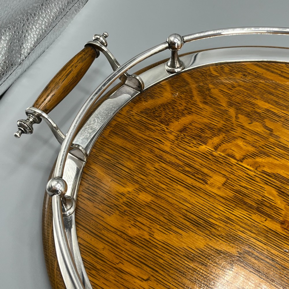 Large Edwardian English Oak & Silver Plated Oval Gallery Tray View XXI