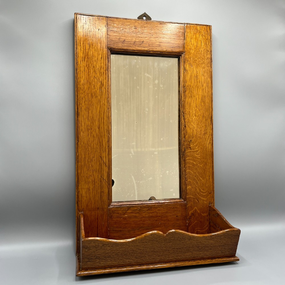 Arts & Crafts Solid Oak Hall Wall Mirror with Candle Box