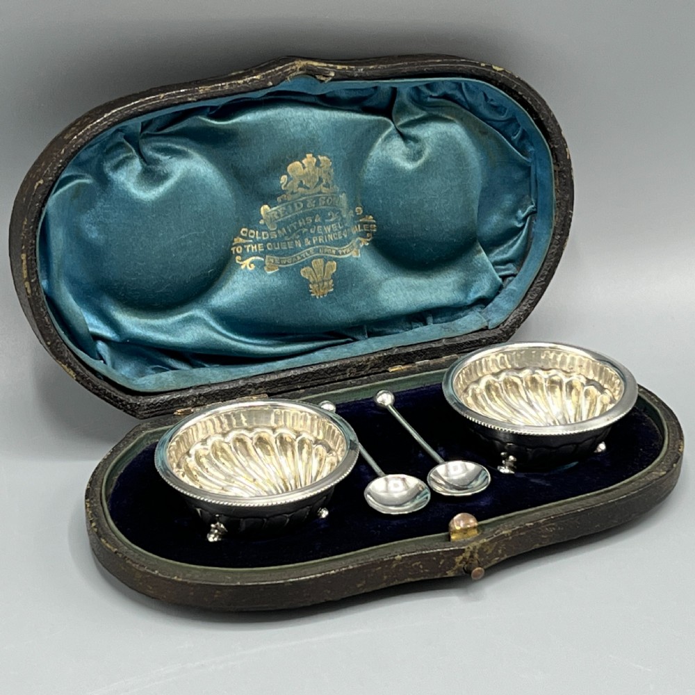 Pair Victorian Solid Sterling Silver Salts & Salt Spoons in Fitted Case