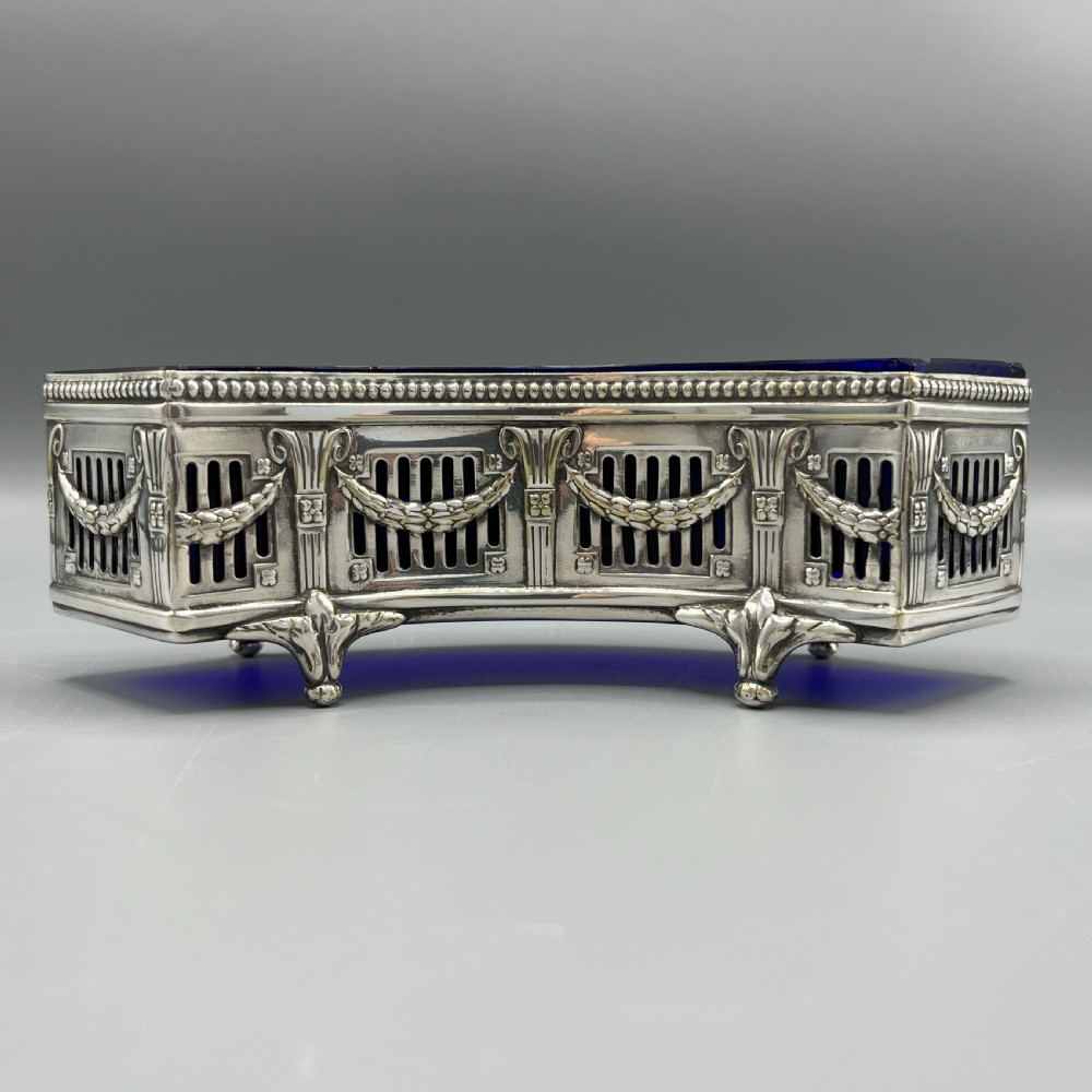WMF German Silver Plated Small Curved Planter Trough with Original Blue Glass Liner