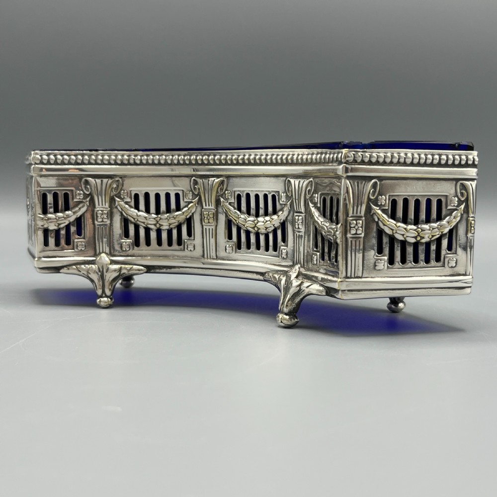 WMF German Silver Plated Small Curved Planter Trough with Original Blue Glass Liner View IV
