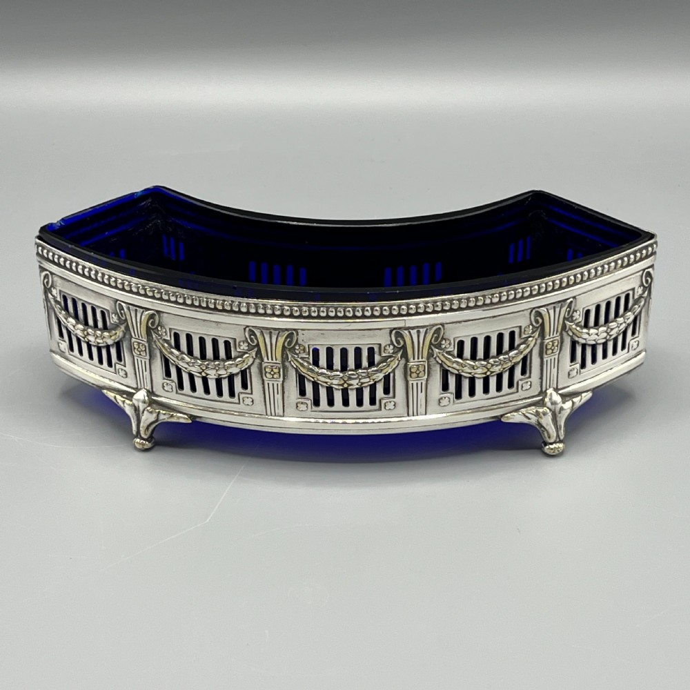WMF German Silver Plated Small Curved Planter Trough with Original Blue Glass Liner View VI