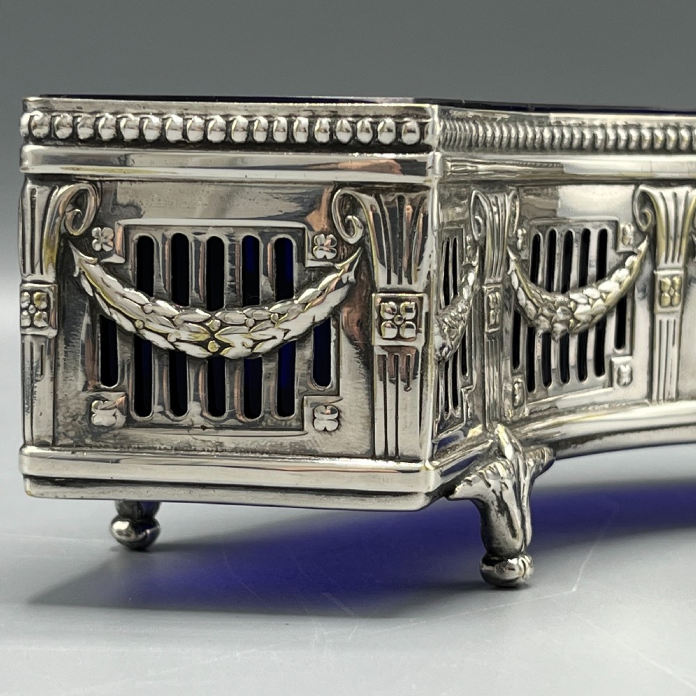 WMF German Silver Plated Small Curved Planter Trough with Original Blue Glass Liner View IX