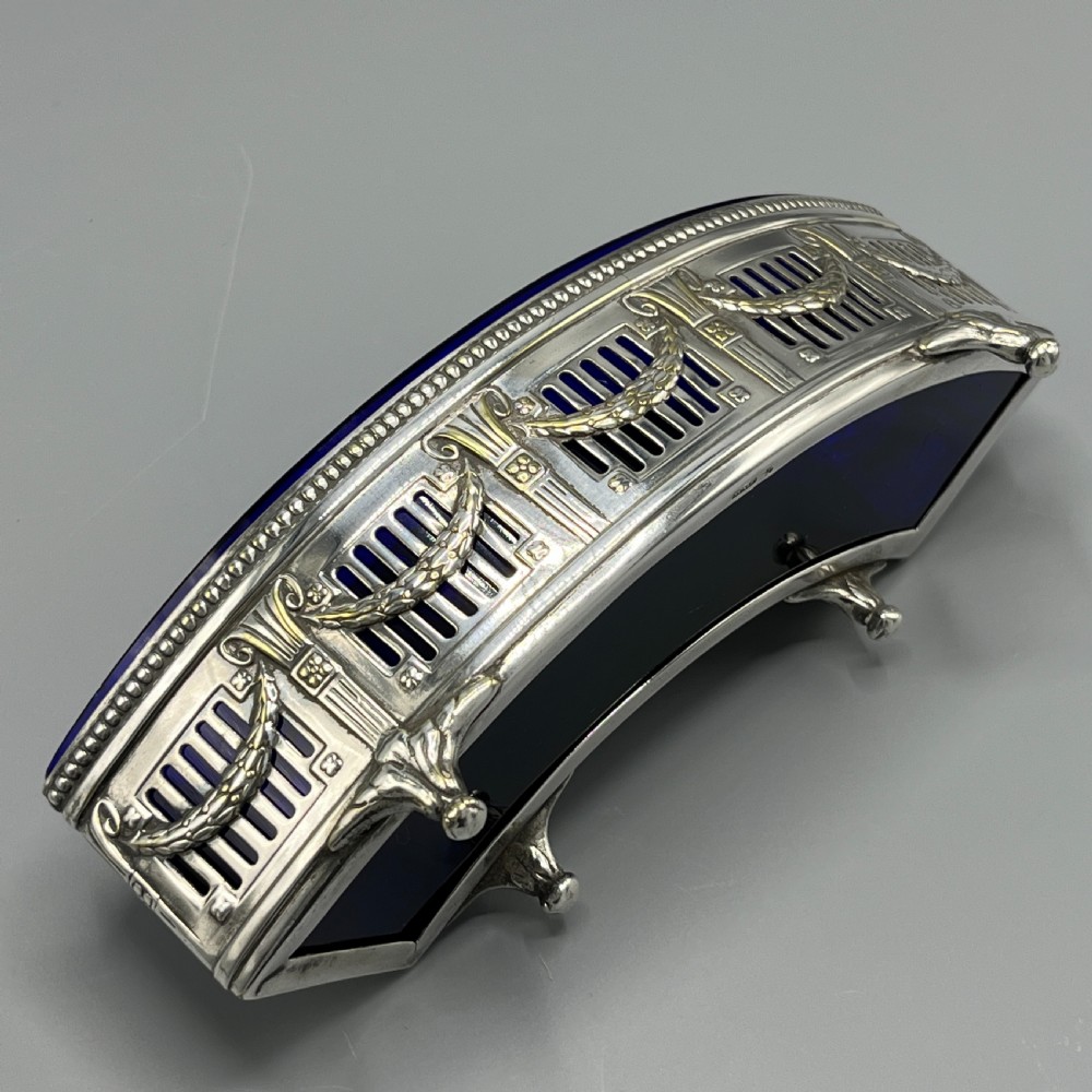 WMF German Silver Plated Small Curved Planter Trough with Original Blue Glass Liner View XIII