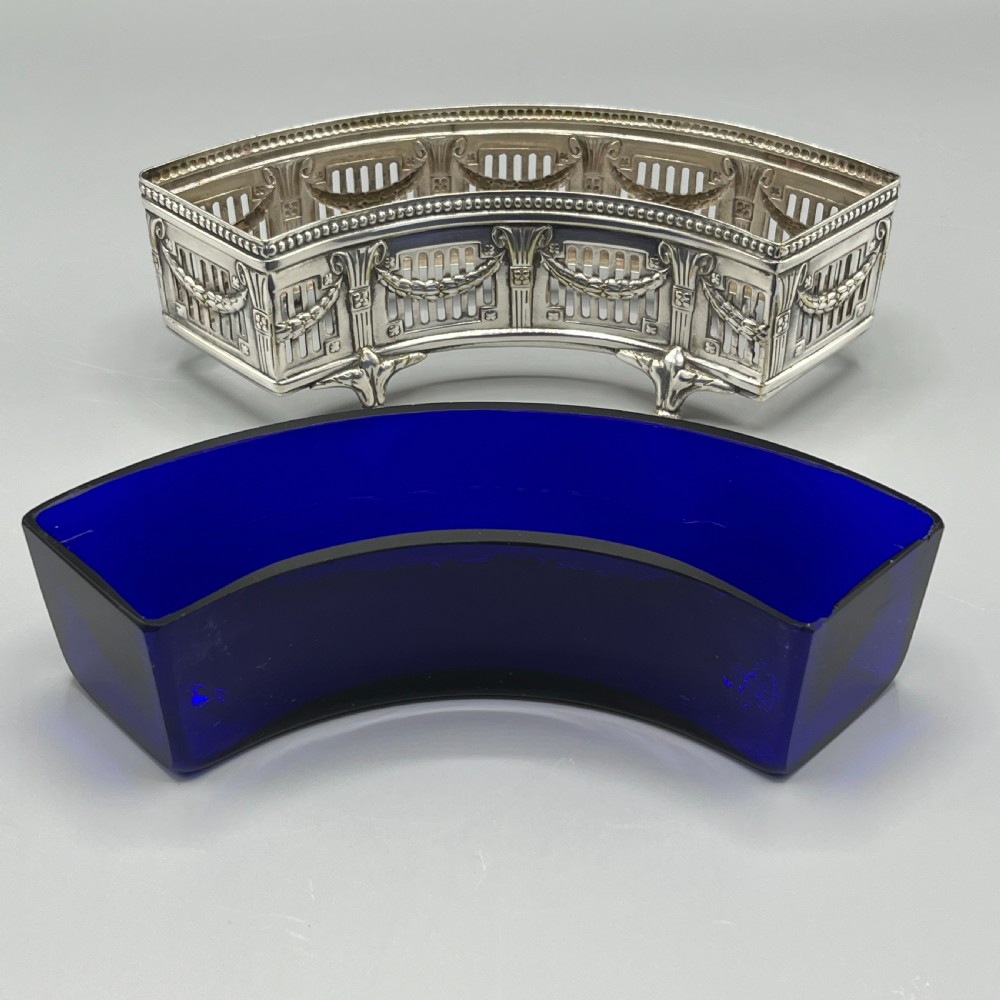 WMF German Silver Plated Small Curved Planter Trough with Original Blue Glass Liner View XIV