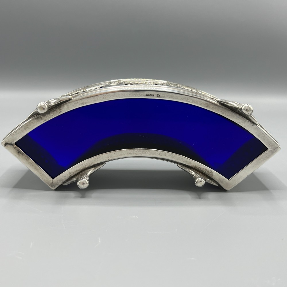 WMF German Silver Plated Small Curved Planter Trough with Original Blue Glass Liner View XX