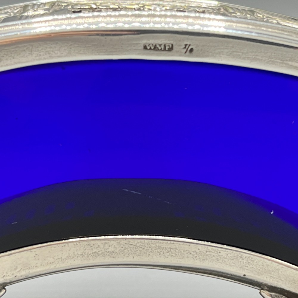WMF German Silver Plated Small Curved Planter Trough with Original Blue Glass Liner View XXI