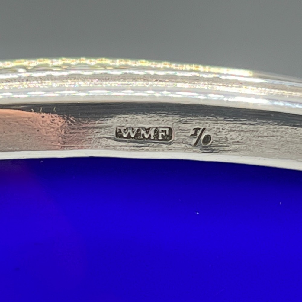 WMF German Silver Plated Small Curved Planter Trough with Original Blue Glass Liner View XXII