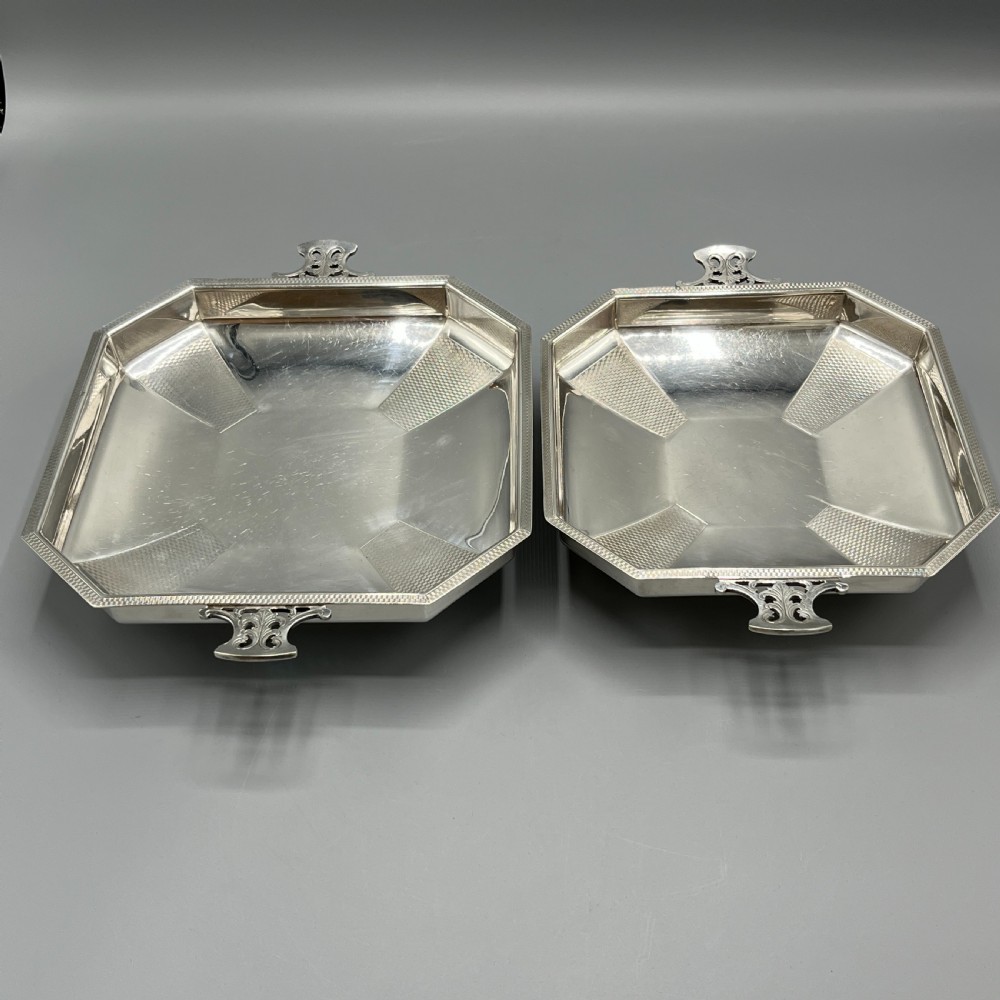 Pair Art Deco Silver Plated Engine Turned Bowls Dishes Tazzas by Mappin & Webb View II