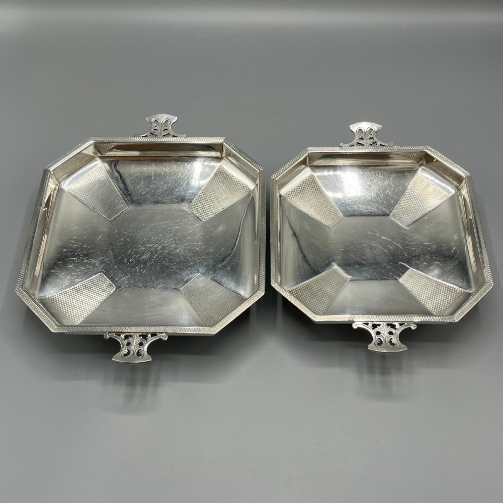 Pair Art Deco Silver Plated Engine Turned Bowls Dishes Tazzas by Mappin & Webb View III