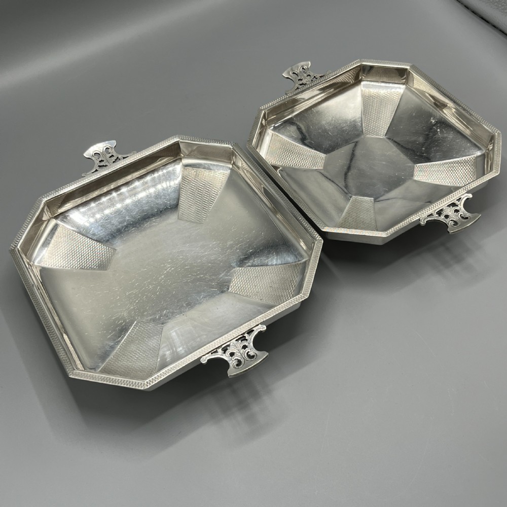 Pair Art Deco Silver Plated Engine Turned Bowls Dishes Tazzas by Mappin & Webb View IV
