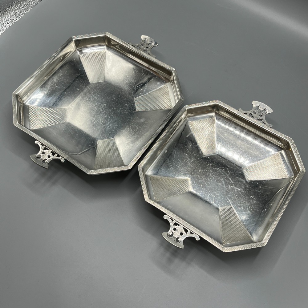 Pair Art Deco Silver Plated Engine Turned Bowls Dishes Tazzas by Mappin & Webb View V
