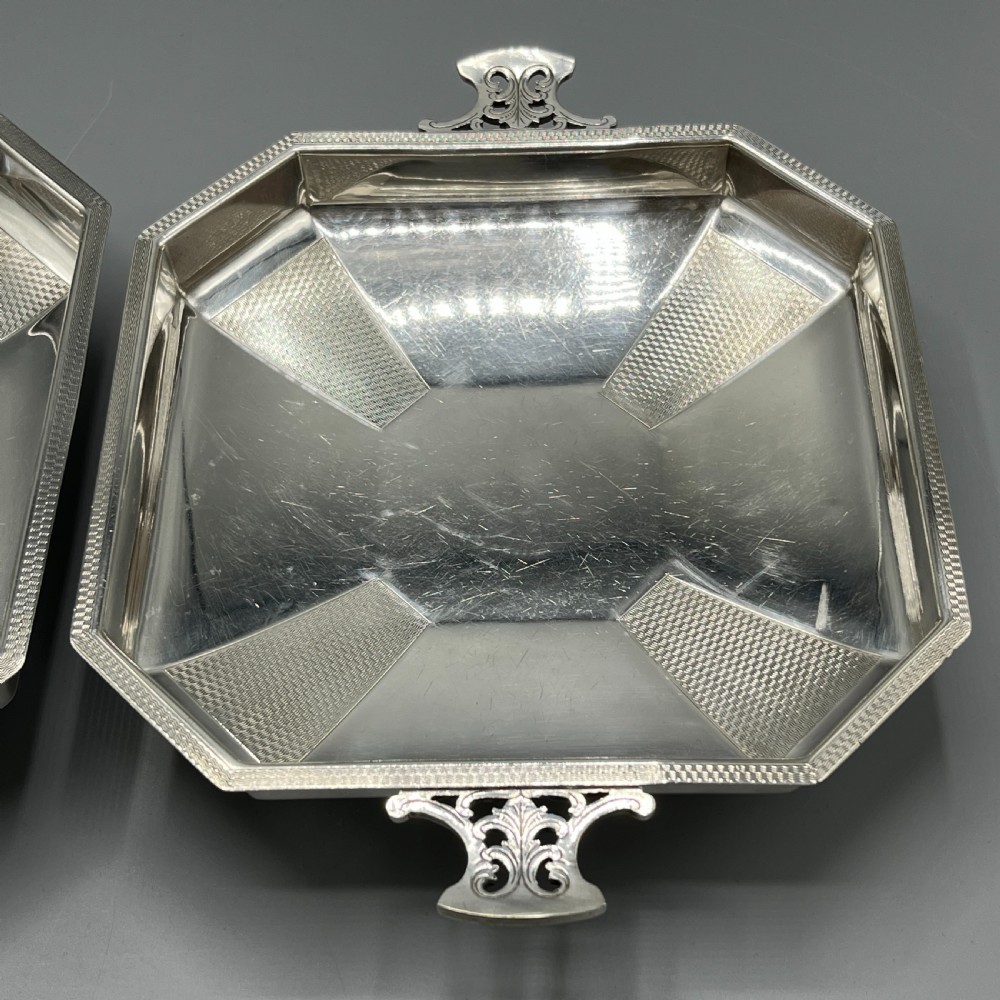 Pair Art Deco Silver Plated Engine Turned Bowls Dishes Tazzas by Mappin & Webb View VII