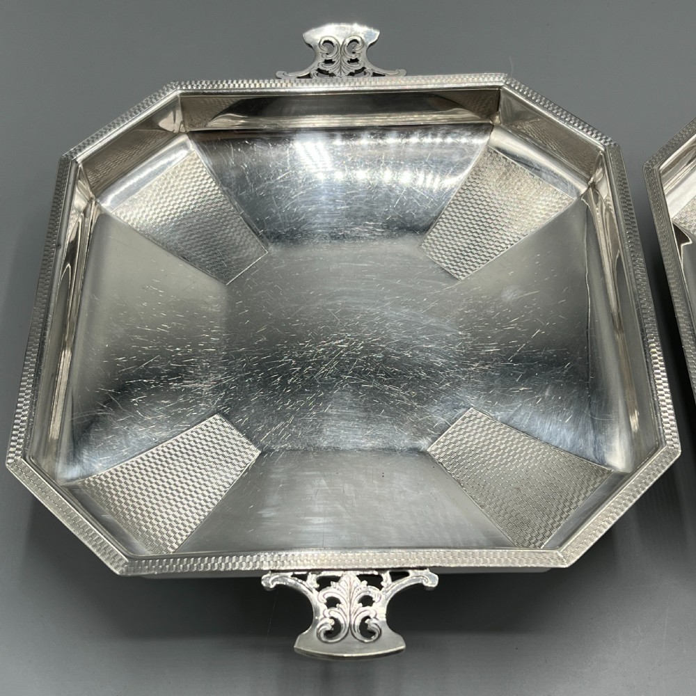 Pair Art Deco Silver Plated Engine Turned Bowls Dishes Tazzas by Mappin & Webb View VIII