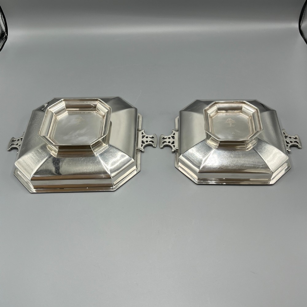 Pair Art Deco Silver Plated Engine Turned Bowls Dishes Tazzas by Mappin & Webb View XIII