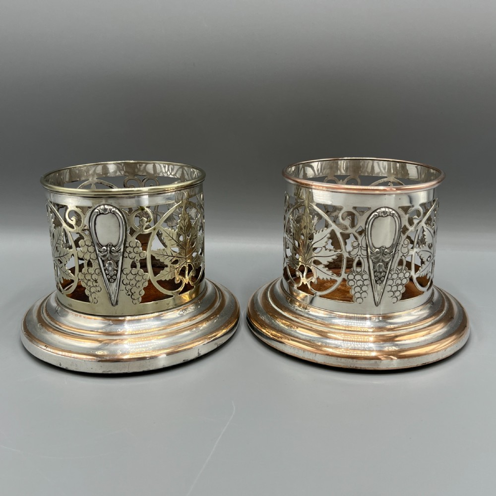 Pair Art Nouveau Silver Plated Wine Coasters Bottle Holders Syphon Stands