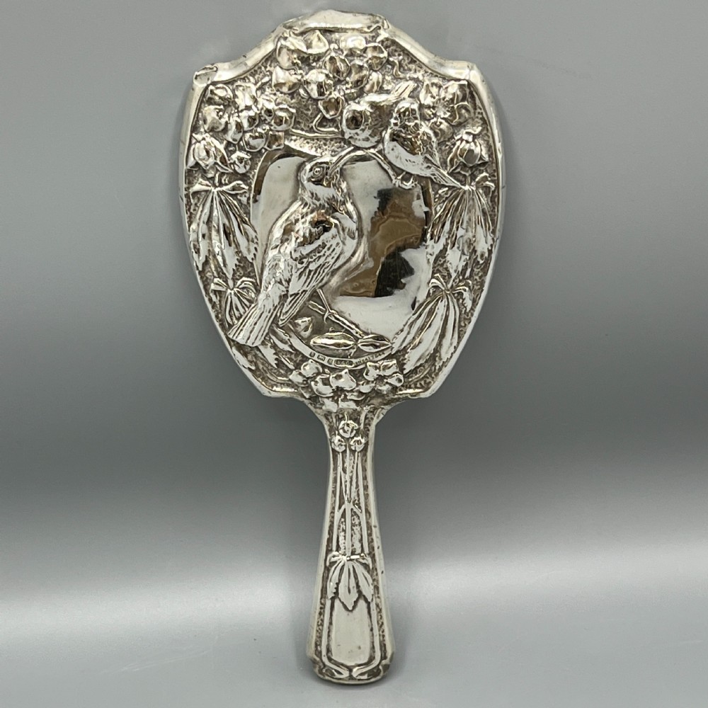 Art Nouveau Sterling Silver Hand Mirror Repousse Birds 1903