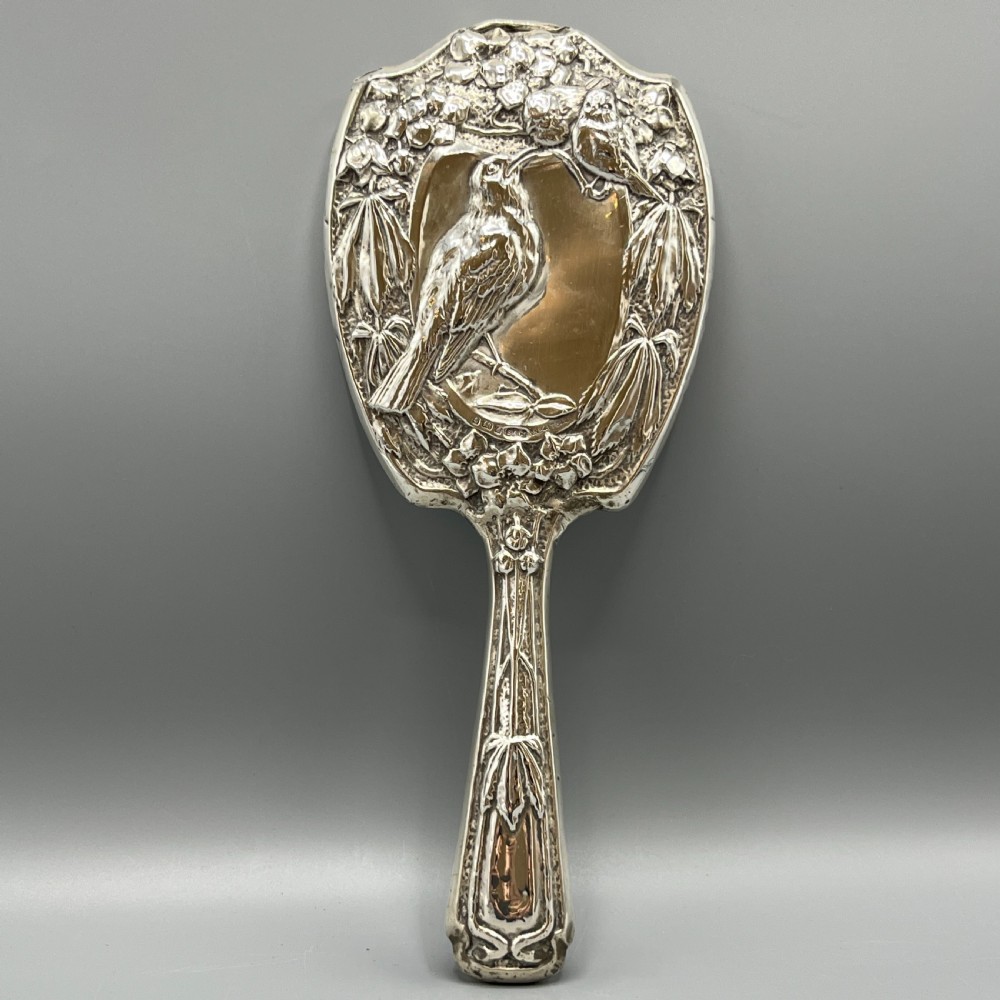 Art Nouveau Sterling Silver Hand Mirror Repousse Birds 1903 View II