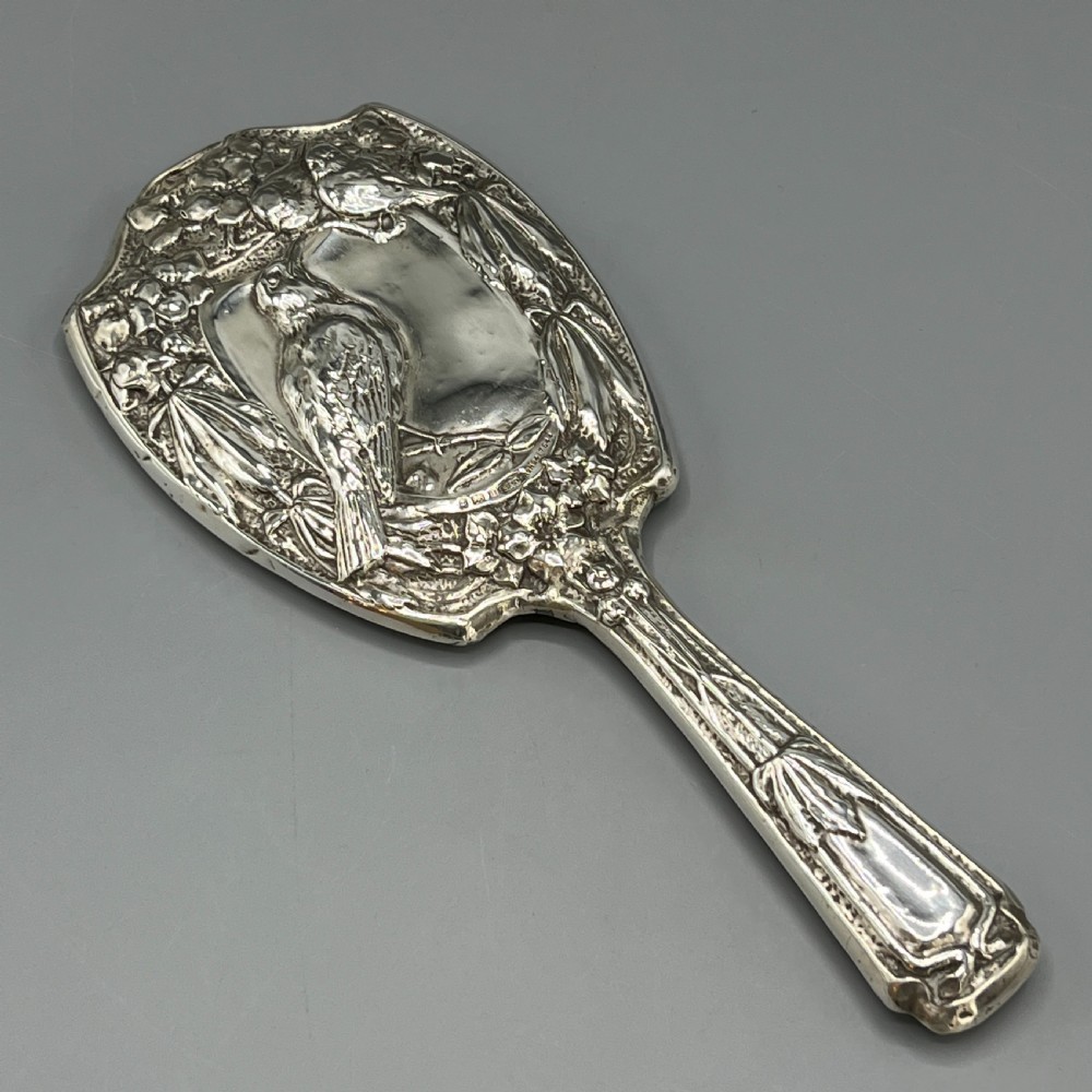 Art Nouveau Sterling Silver Hand Mirror Repousse Birds 1903 View III