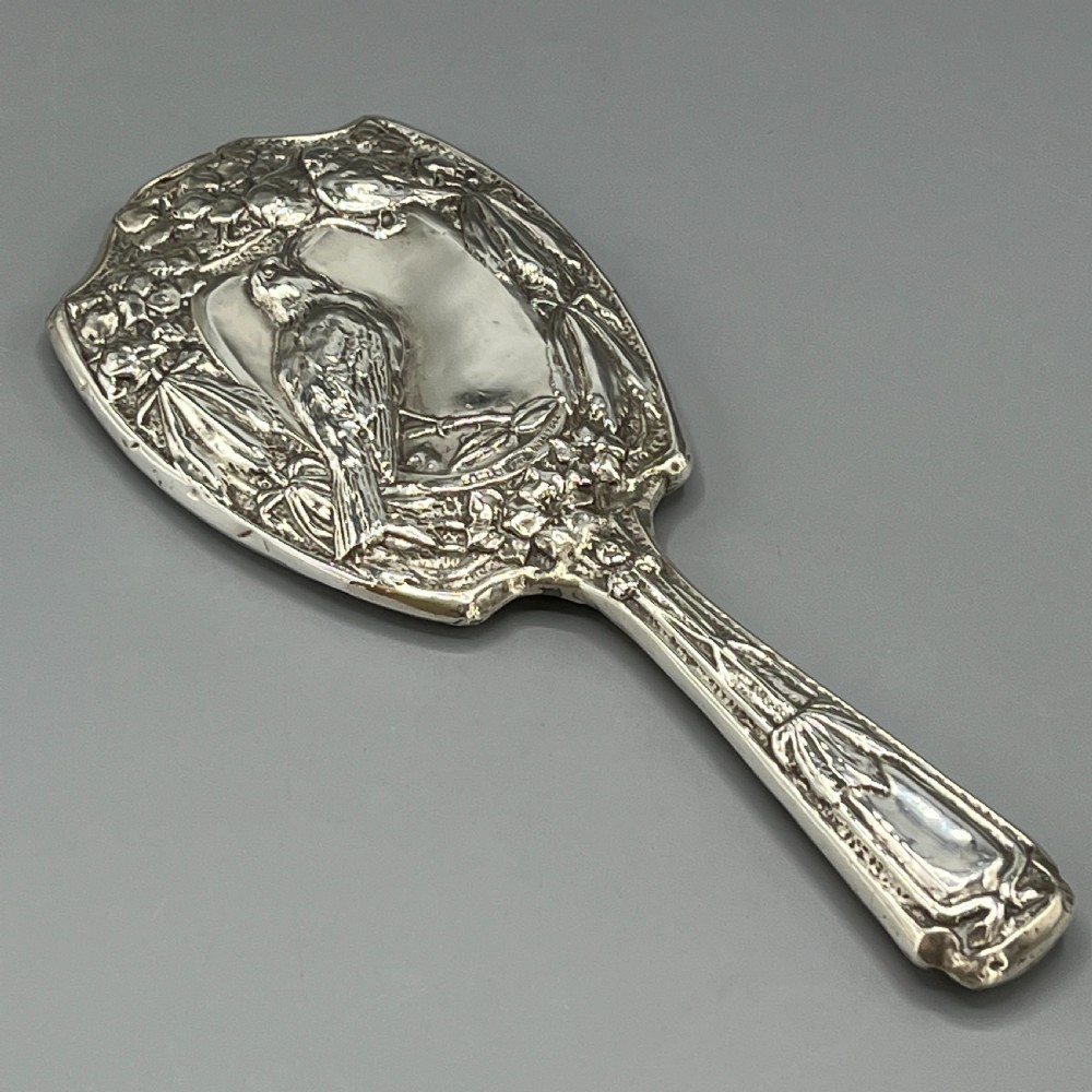 Art Nouveau Sterling Silver Hand Mirror Repousse Birds 1903 View IV
