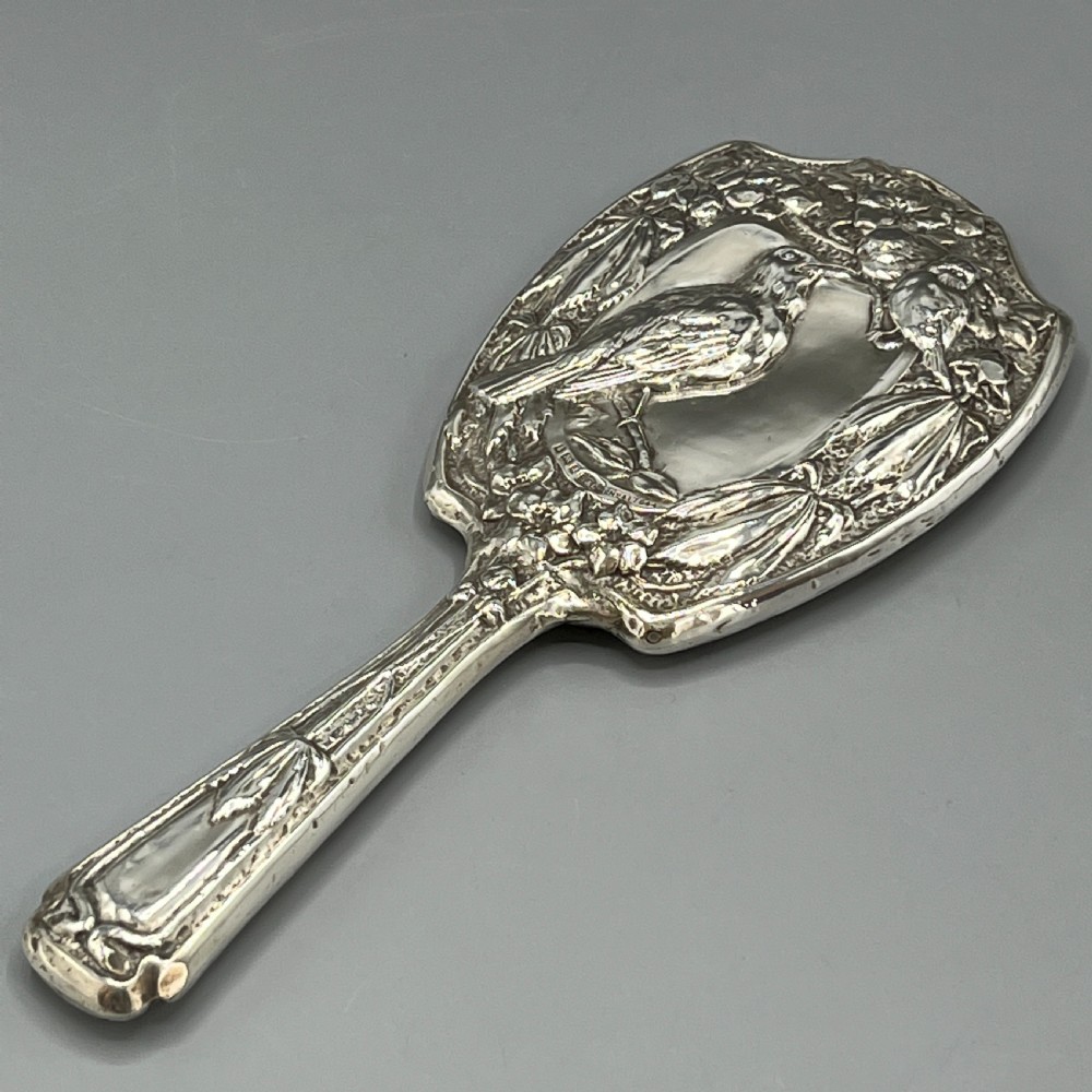 Art Nouveau Sterling Silver Hand Mirror Repousse Birds 1903 View V