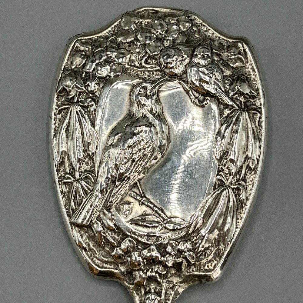 Art Nouveau Sterling Silver Hand Mirror Repousse Birds 1903 View VI