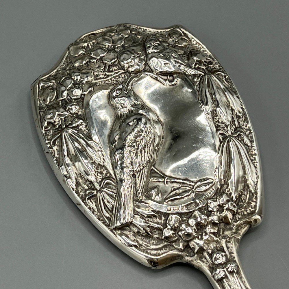 Art Nouveau Sterling Silver Hand Mirror Repousse Birds 1903 View VII