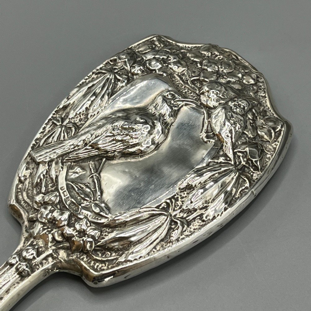 Art Nouveau Sterling Silver Hand Mirror Repousse Birds 1903 View VIII