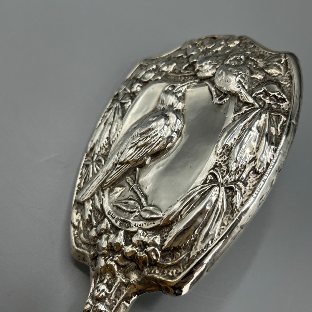 Art Nouveau Sterling Silver Hand Mirror Repousse Birds 1903 View X