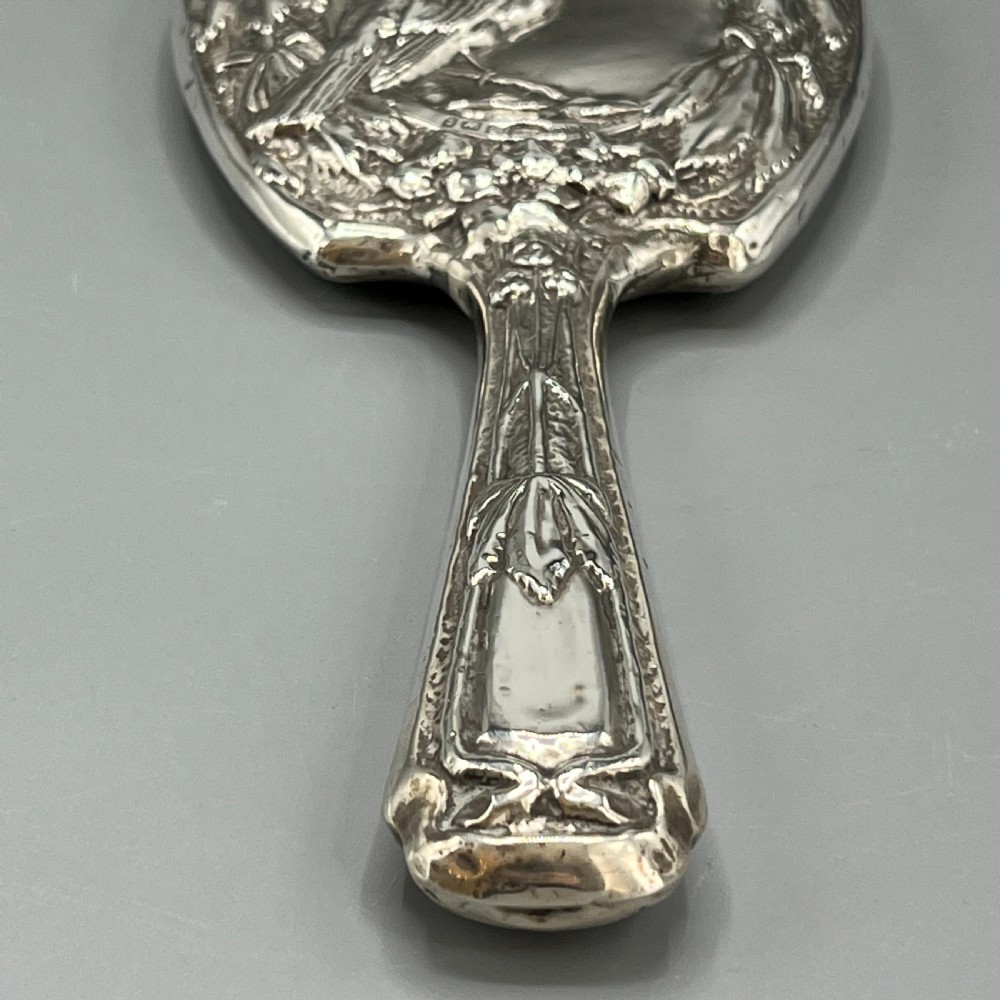 Art Nouveau Sterling Silver Hand Mirror Repousse Birds 1903 View XII