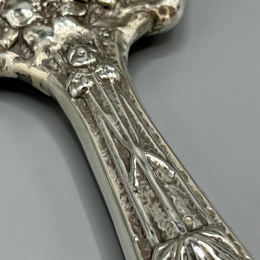 Art Nouveau Sterling Silver Hand Mirror Repousse Birds 1903 View XX