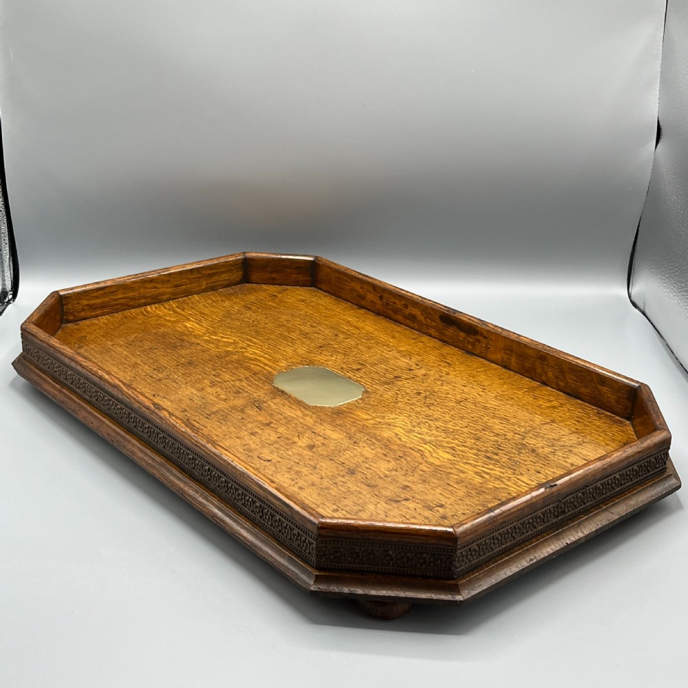 Large Oak Gallery Footed Cocktail Drinks Tray