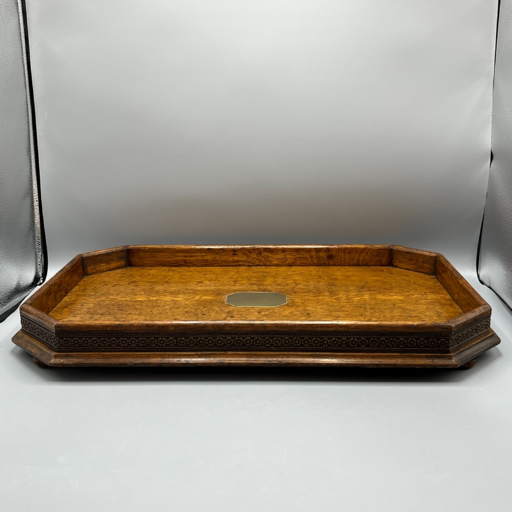 Large Oak Gallery Footed Cocktail Drinks Tray View II