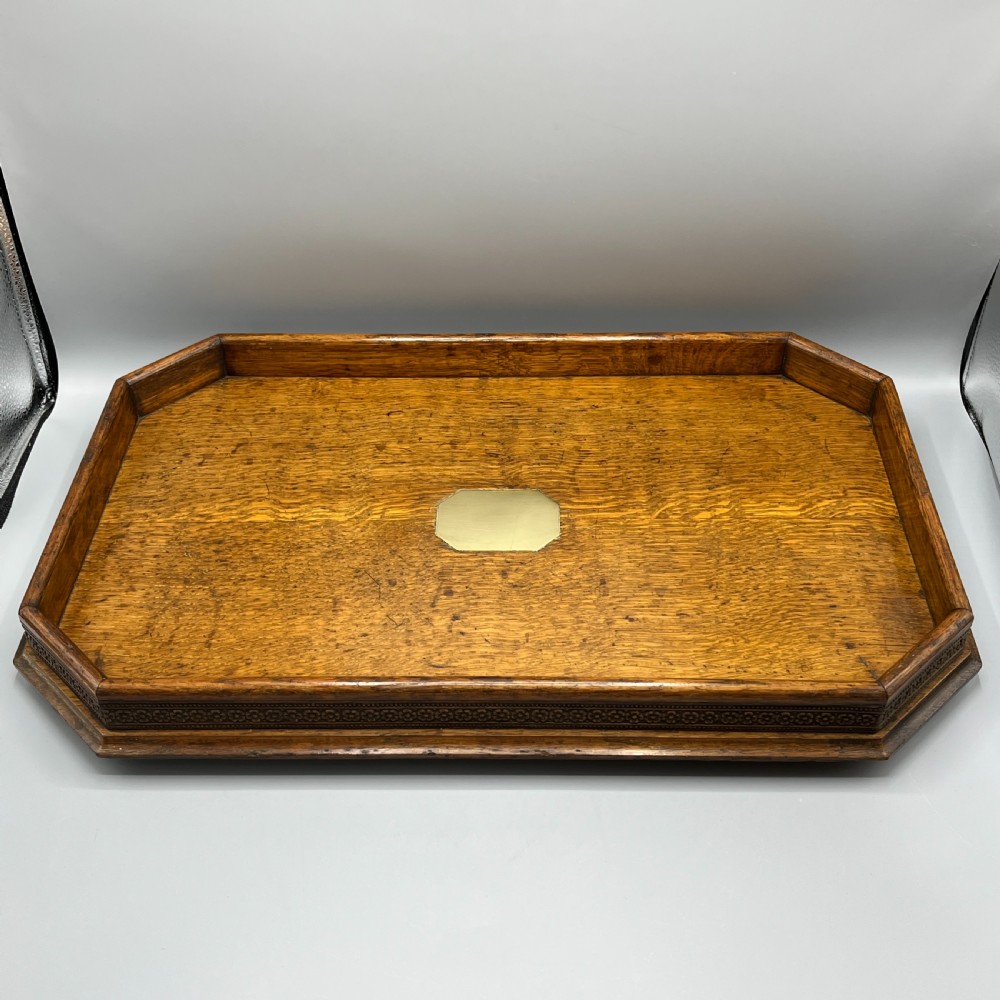 Large Oak Gallery Footed Cocktail Drinks Tray View V