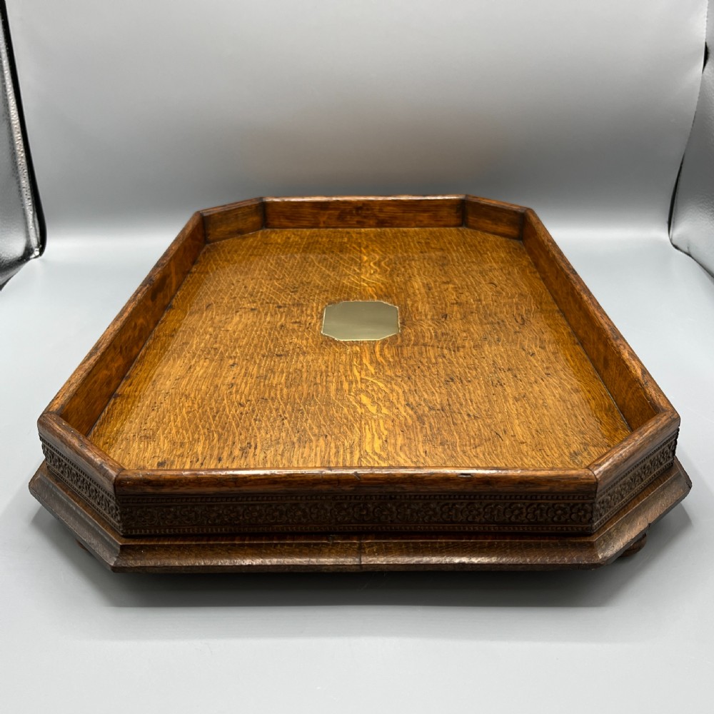Large Oak Gallery Footed Cocktail Drinks Tray View VIII
