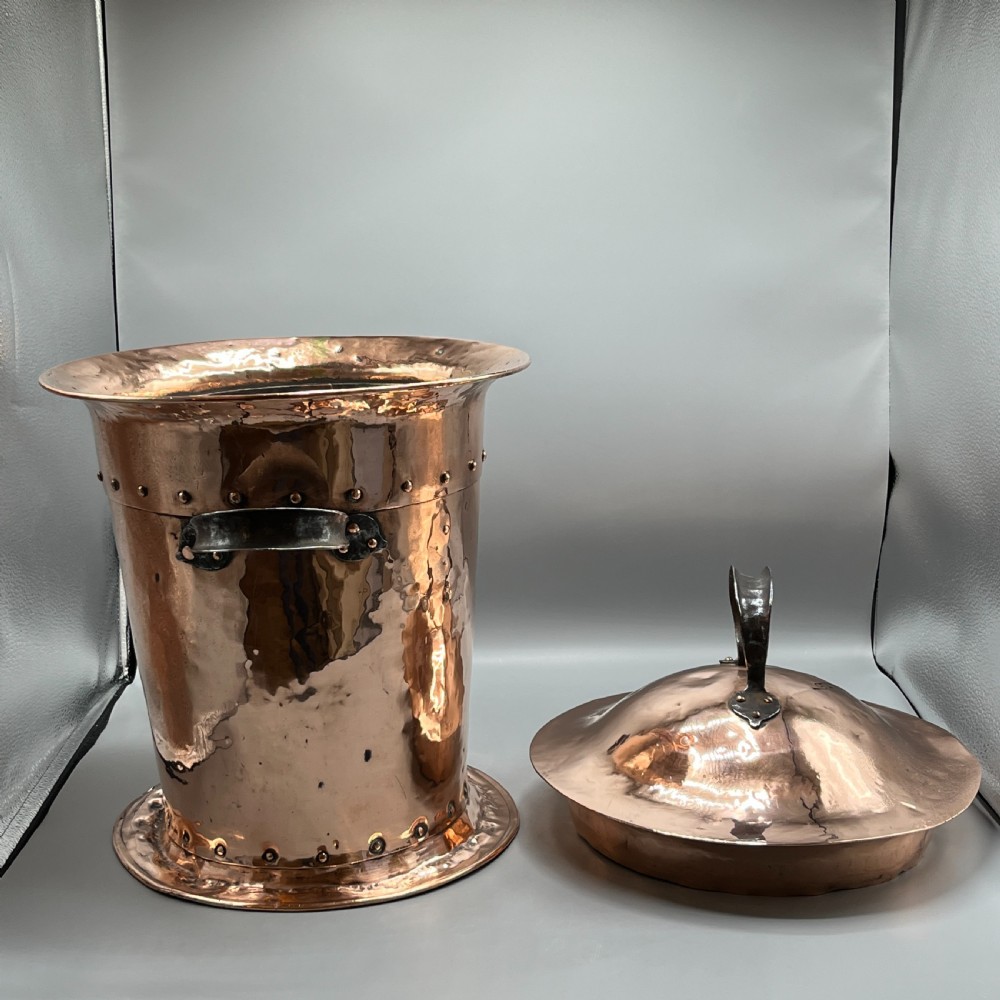 Arts & Crafts Copper Coal Bin / Log Bin with Lid View XV