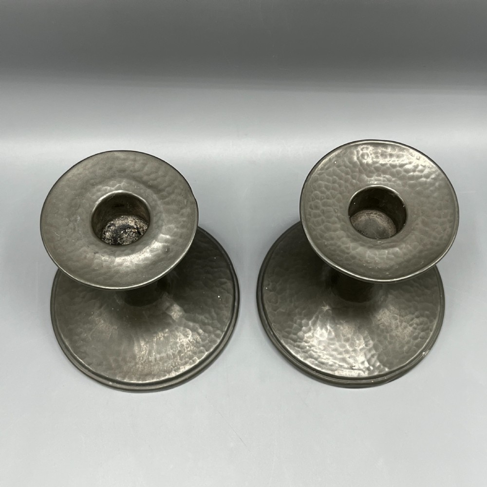 Liberty & Co Pair Arts & Crafts Pewter Candlesticks View VI