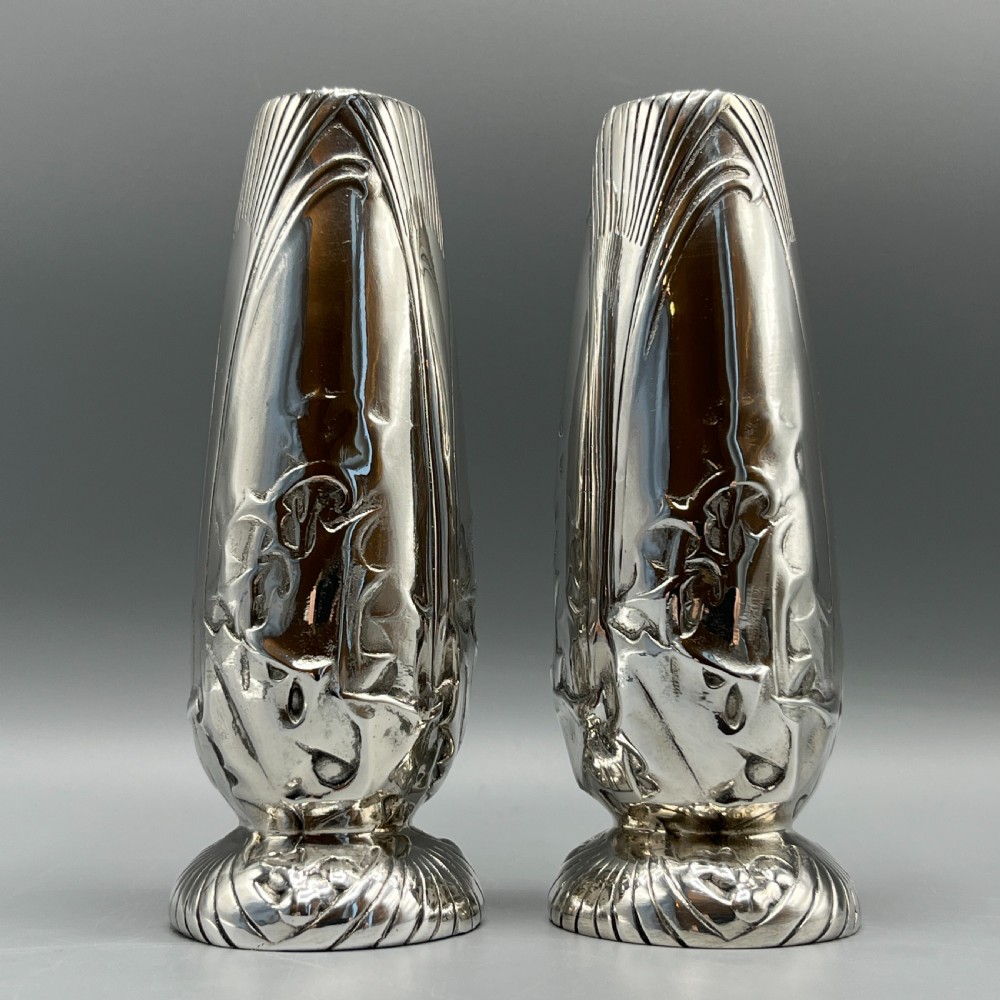 Pair Christofle Art Nouveau Silver Plated Holly Vases