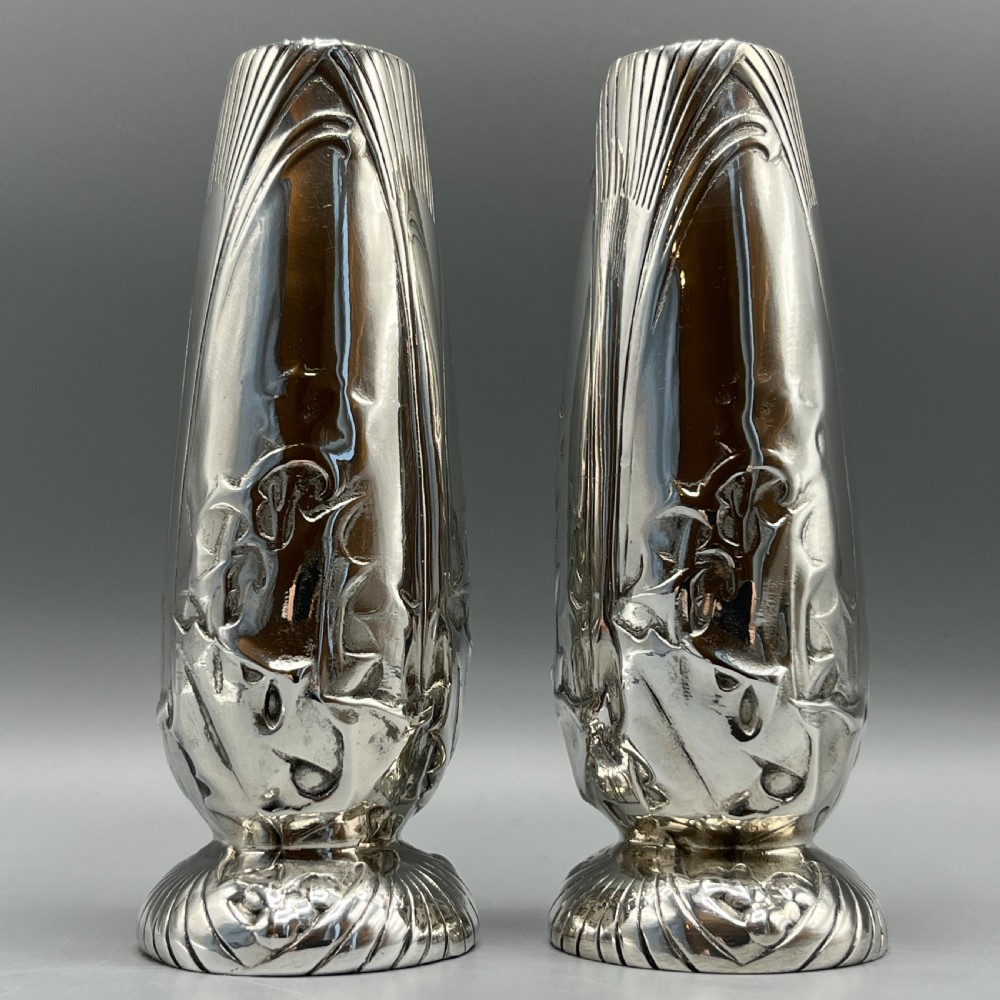 Pair Christofle Art Nouveau Silver Plated Holly Vases View II