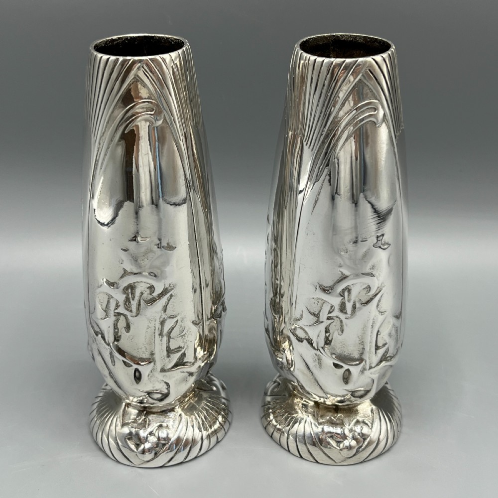 Pair Christofle Art Nouveau Silver Plated Holly Vases View III