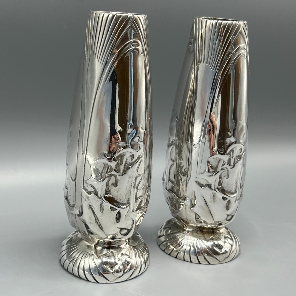 Pair Christofle Art Nouveau Silver Plated Holly Vases View IV