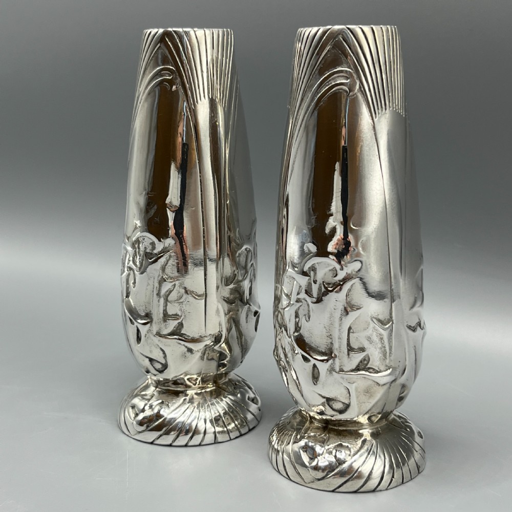 Pair Christofle Art Nouveau Silver Plated Holly Vases View V