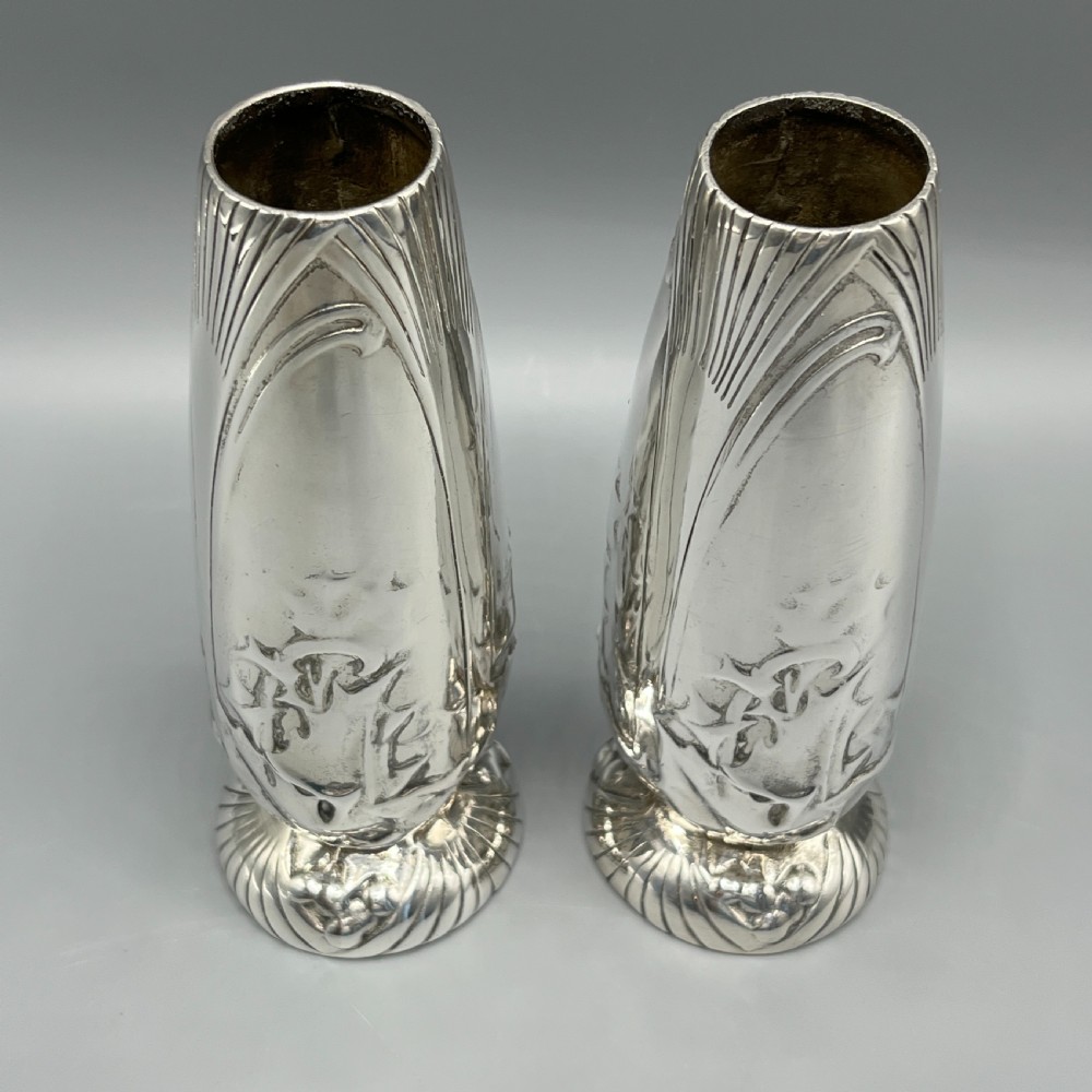 Pair Christofle Art Nouveau Silver Plated Holly Vases View VII