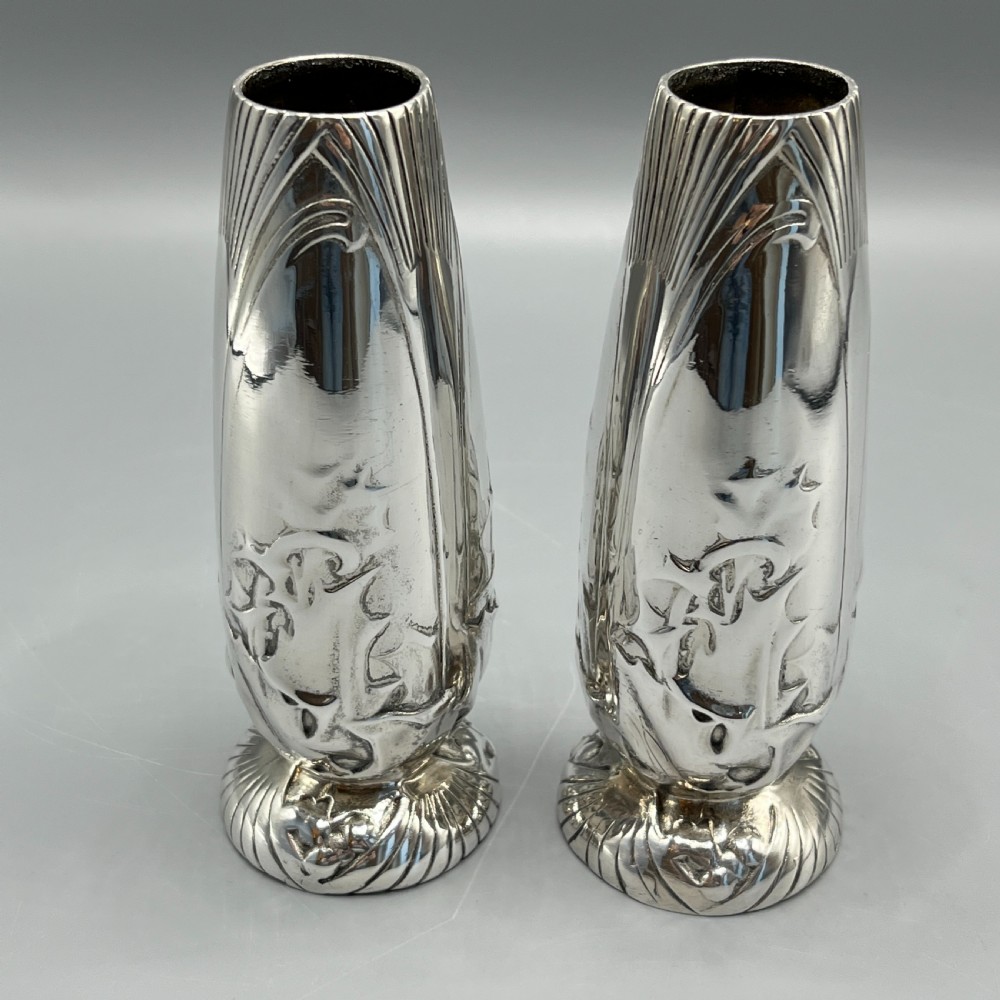 Pair Christofle Art Nouveau Silver Plated Holly Vases View IX