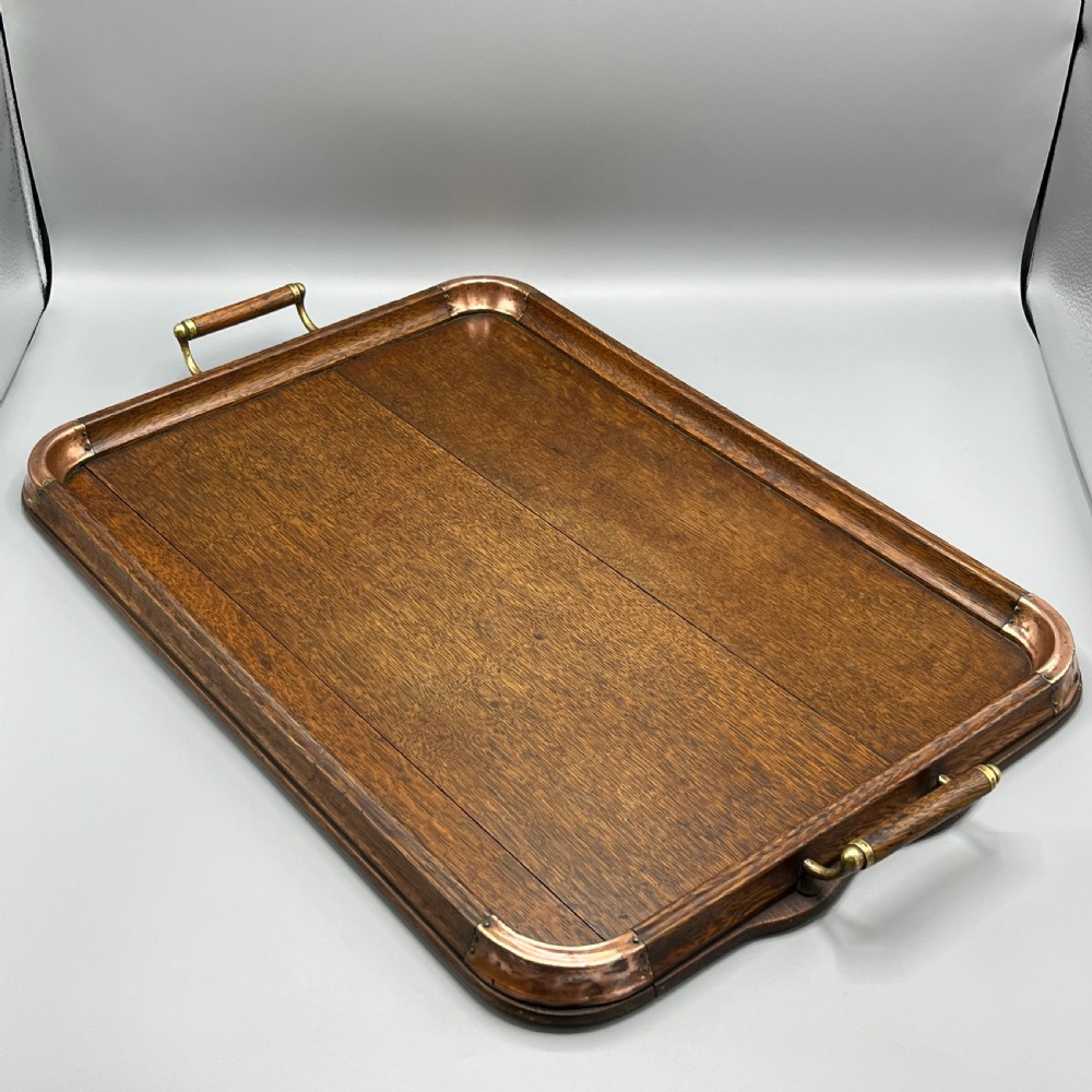 Large Arts & Crafts Oak & Copper Gallery Serving Tray