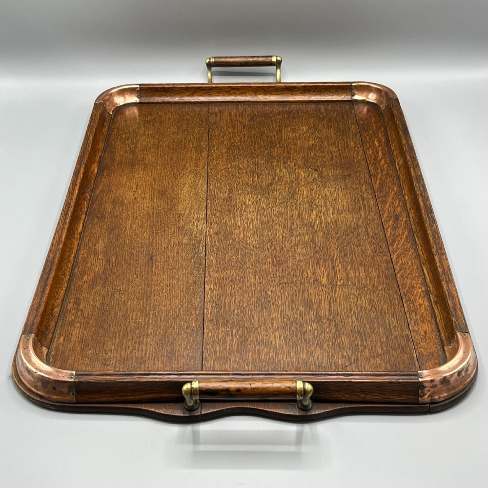 Large Arts & Crafts Oak & Copper Gallery Serving Tray View II